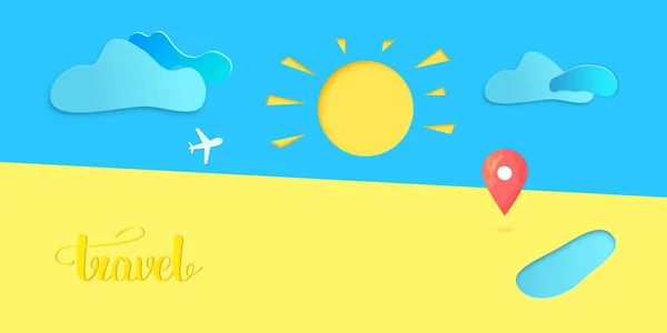 Reizen Banner Simpele Bekleding Met Kaart Aanwijzer Zon Wolken Vliegtuig — Stockvector