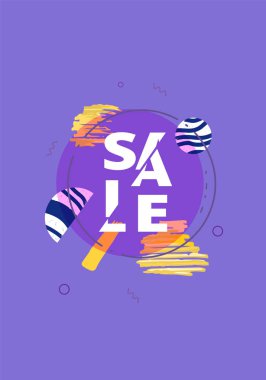 Geometrik soyut kompozisyon ile satış banner. Dilimlenmiş trendy metin ile dikey tanıtım kartı. Menekşe poster tasarım reklam için. Vektör çizim.