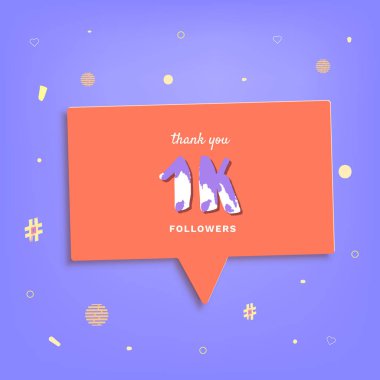 1K followers thank you post with decoration. 1000 subscribers banner with speech bubble. Template for social media networks. Vector illustration. clipart