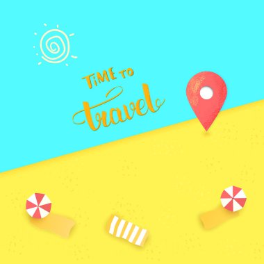 Afiş seyahat vakti geldi. Sunny beach dekorasyon harita işaretçi ve el yazısı yazı ile. Kare kartı. Tatil tasarım şablonu. Vektör çizim.