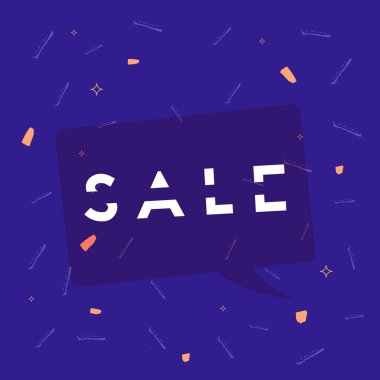 Satılık karanlık afiş konuşma balonu ve geometrik soyut kompozisyon ile. Dilimlenmiş trendy metin ile promosyon kartı. Dekorasyon için reklam tasarım şablonu. Vektör çizim.