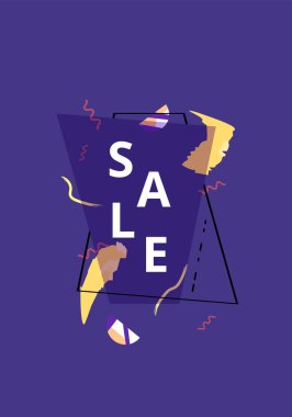 Sale banner with geometric abstract composition. Dark vertical promotion card with sliced trendy text. Violet poster with trapezium shape for advertising design. Vector illustration. clipart