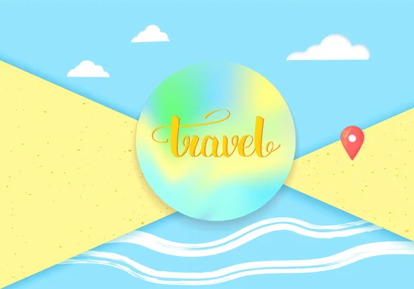 Reizen Banner Zonnige Strand Decoratie Met Wijzer Van Kaart Wolken — Stockvector