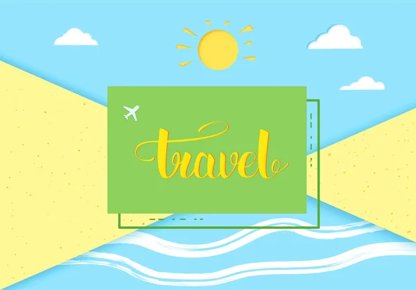 Reizen Banner Decoratie Van Het Zonnige Strand Met Geometrische Badge — Stockvector