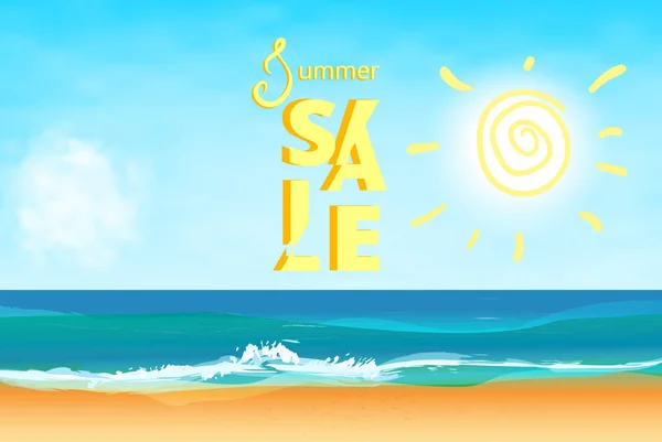 夏季销售卡与海滩背景 模板为广告与明亮的装饰 矢量插图 — 图库矢量图片