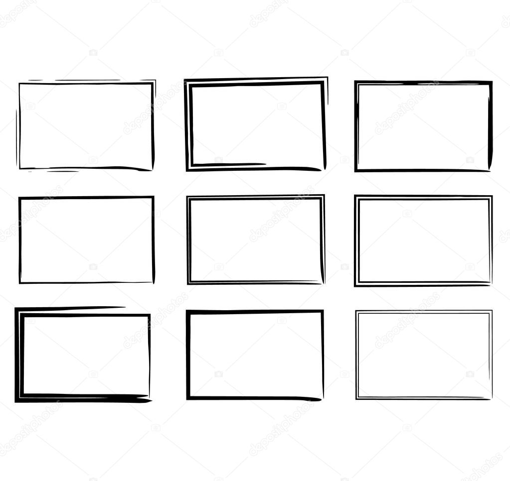 Set of black rectangle grunge frames. Creative linear borders. Vector illustration. 