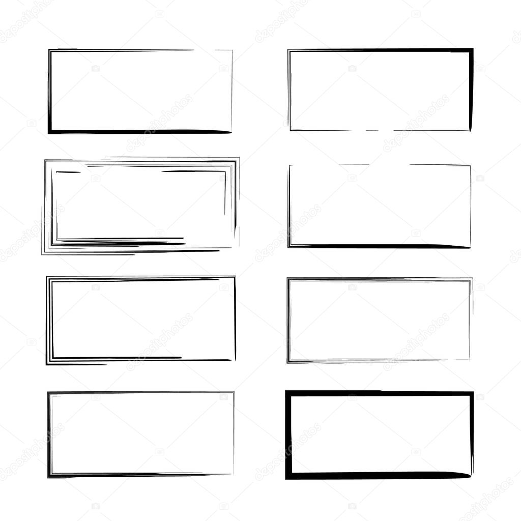 Set of black rectangle grunge frames. Empty borders. Vector illustration. 