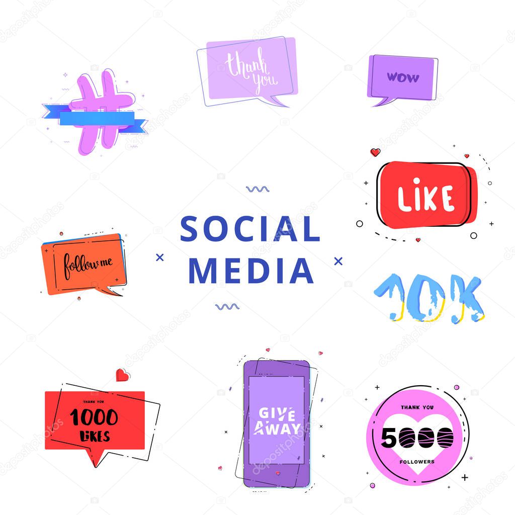 Social media set of  banners with lettering isolated on white background. Like, 5K followers, Follow me, 1000 likes, Thank you. Giveaway phrases. Elements for public channels design. Vector illustration.