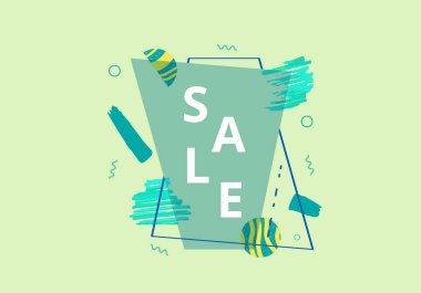 Geometrik soyut kompozisyon ile satış banner. Metin ile koyu tanıtım kartı. Yeşil yatay poster tasarım reklam için. Vektör çizim.