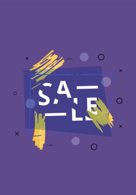 Geometrik soyut kompozisyon ile satış banner. Dilimlenmiş trendy metin ile koyu tanıtım kartı. Menekşe poster tasarım reklam için. Vektör çizim.