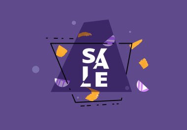 Geometrik soyut kompozisyon ile satış banner. Dilimlenmiş trendy metin ile koyu tanıtım kartı. Menekşe poster tasarım reklam için. Vektör çizim.