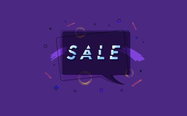 Geometrik soyut kompozisyon ile satış banner. Dilimlenmiş trendy metin ile koyu tanıtım kartı. Menekşe poster tasarım reklam için. Vektör çizim.