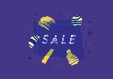 Geometrik soyut kompozisyon ile satış banner. Dilimlenmiş trendy metin ile koyu tanıtım kartı. Menekşe poster tasarım reklam için. Vektör çizim.