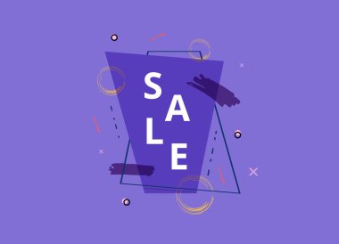 Geometrik soyut kompozisyon ile satış banner. Dilimlenmiş trendy metin ile promosyon kartı. Trapezuim şekli ve dekorasyon için reklam tasarım şablonu. Vektör çizim.