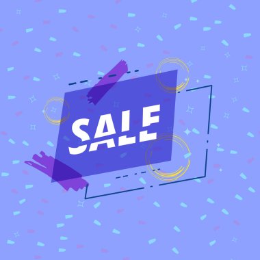 Geometrik soyut kompozisyon ile satış banner. Dilimlenmiş trendy metin ile promosyon kartı. Dekorasyon için sosyal medya kanalı şablonu. Vektör çizim.