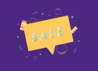 Geometrik soyut kompozisyon ile satış banner. Dilimlenmiş trendy metin ile promosyon kartı. Konuşma balonu ve dekorasyon için reklam tasarım şablonu. Vektör çizim.