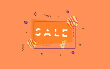 Geometrik soyut kompozisyon ile satış banner. Dilimlenmiş trendy metin ile promosyon kartı. Dikdörtgen rozet ve dekorasyon için sosyal medya tasarım şablonu. Vektör çizim.