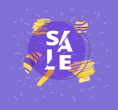 Geometrik soyut kompozisyon ile satış banner. Dilimlenmiş trendy metin ile promosyon kartı. Yuvarlak rozet ve dekorasyon şablonu. Vektör çizim.
