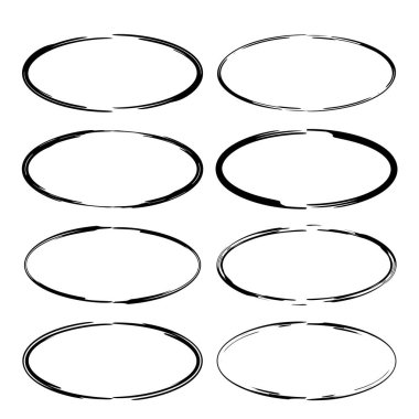 Siyah yuvarlak grunge çerçeve kümesi. Oval boş sınırları. Vektör çizim. 