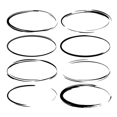 Siyah yuvarlak grunge çerçeve kümesi. Oval boş sınırları. Vektör çizim. 