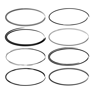 Siyah yuvarlak grunge çerçeve kümesi. Oval boş sınırları. Vektör çizim. 