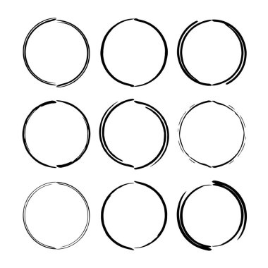 Siyah yuvarlak grunge çerçeve kümesi. Oval boş sınırları. Vektör çizim. 