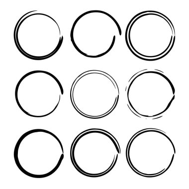 Siyah yuvarlak grunge çerçeve kümesi. Oval boş sınırları. Vektör çizim. 
