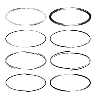 Siyah yuvarlak grunge çerçeve kümesi. Oval boş sınırları. Vektör çizim. 