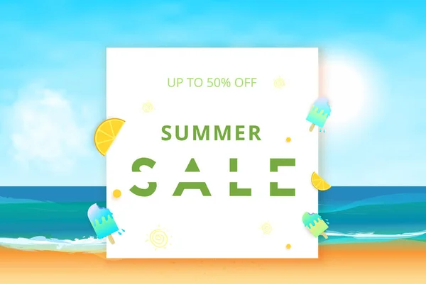 夏季销售卡 模板为广告与海滩背景 矢量插图 — 图库矢量图片