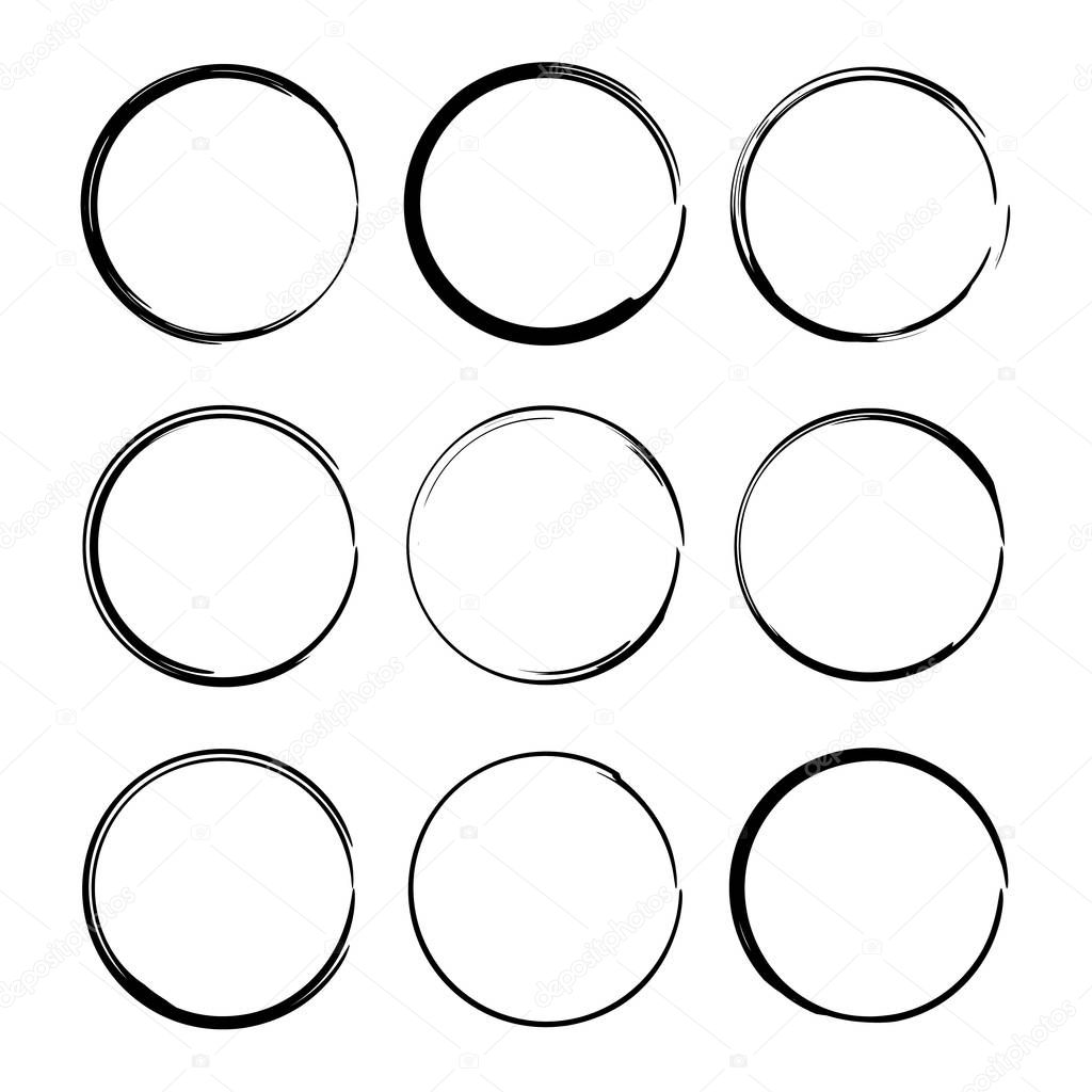 Set of black round grunge frames. Oval empty  borders. Vector illustration. 