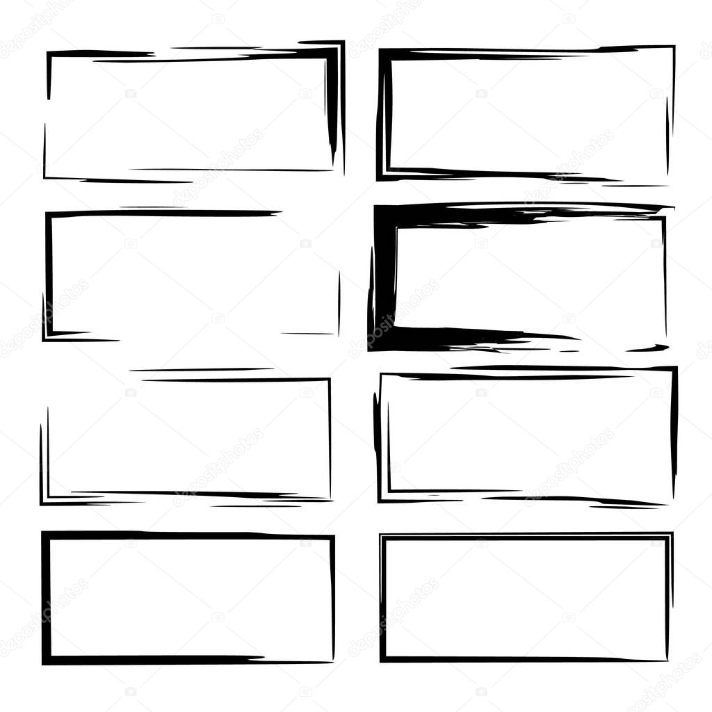 Set of black grunge frames. Linear borders. Vector illustration. 