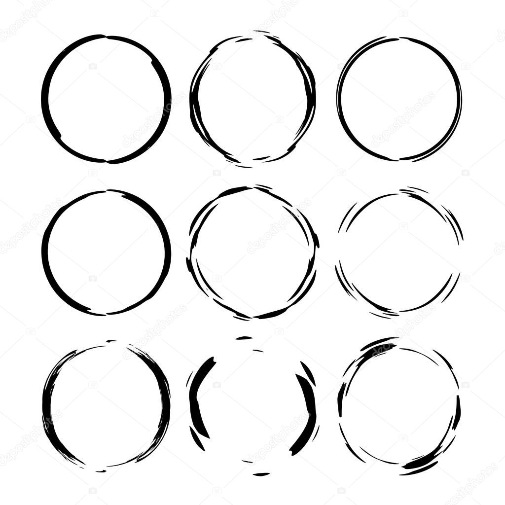 Set of black round grunge frames. Oval empty  borders. Vector illustration. 