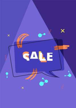 Konuşma balonu ve geometrik soyut kompozisyon ile satış banner. Metin ile promosyon kartı. Menekşe dikey afiş reklam tasarımı için. Vektör çizim.