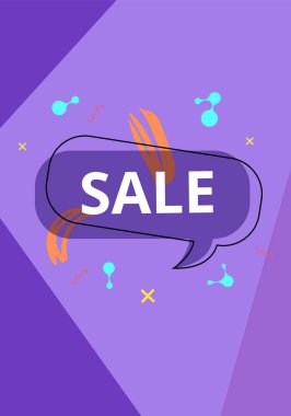 Konuşma balonu ve geometrik soyut kompozisyon ile satış banner. Metin ile promosyon kartı. Menekşe poster tasarım reklam için. Vektör çizim.