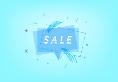 Konuşma balonu ve geometrik soyut kompozisyon ile satış banner. Metin ile promosyon kartı. Mavi poster tasarım reklam için. Vektör çizim.