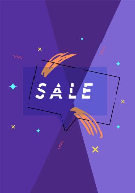 Konuşma balonu ve geometrik soyut kompozisyon ile satış banner. Metin ile promosyon kartı. Menekşe poster tasarım reklam için. Vektör çizim.