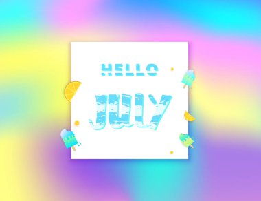 Temmuz afiş degrade arka plan ile Merhaba. El yazısıyla yazılan yazı dekora sahip. Vektör çizim.