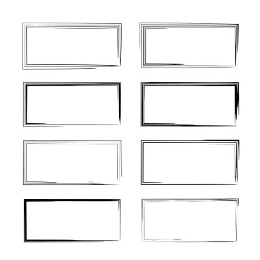 Siyah doğrusal grunge çerçeve kümesi. Geometrik dikdörtgen boş sınırları. Vektör çizim. 