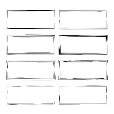 Siyah kare grunge çerçeve kümesi. Geometrik dikdörtgen boş sınırları. Vektör çizim. 