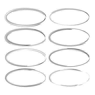 Siyah yuvarlak grunge çerçeve kümesi. Oval boş sınırları. Vektör çizim. 