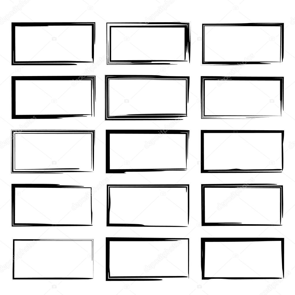 Set of black rectangle grunge frames. Square empty  borders. Vector illustration. 