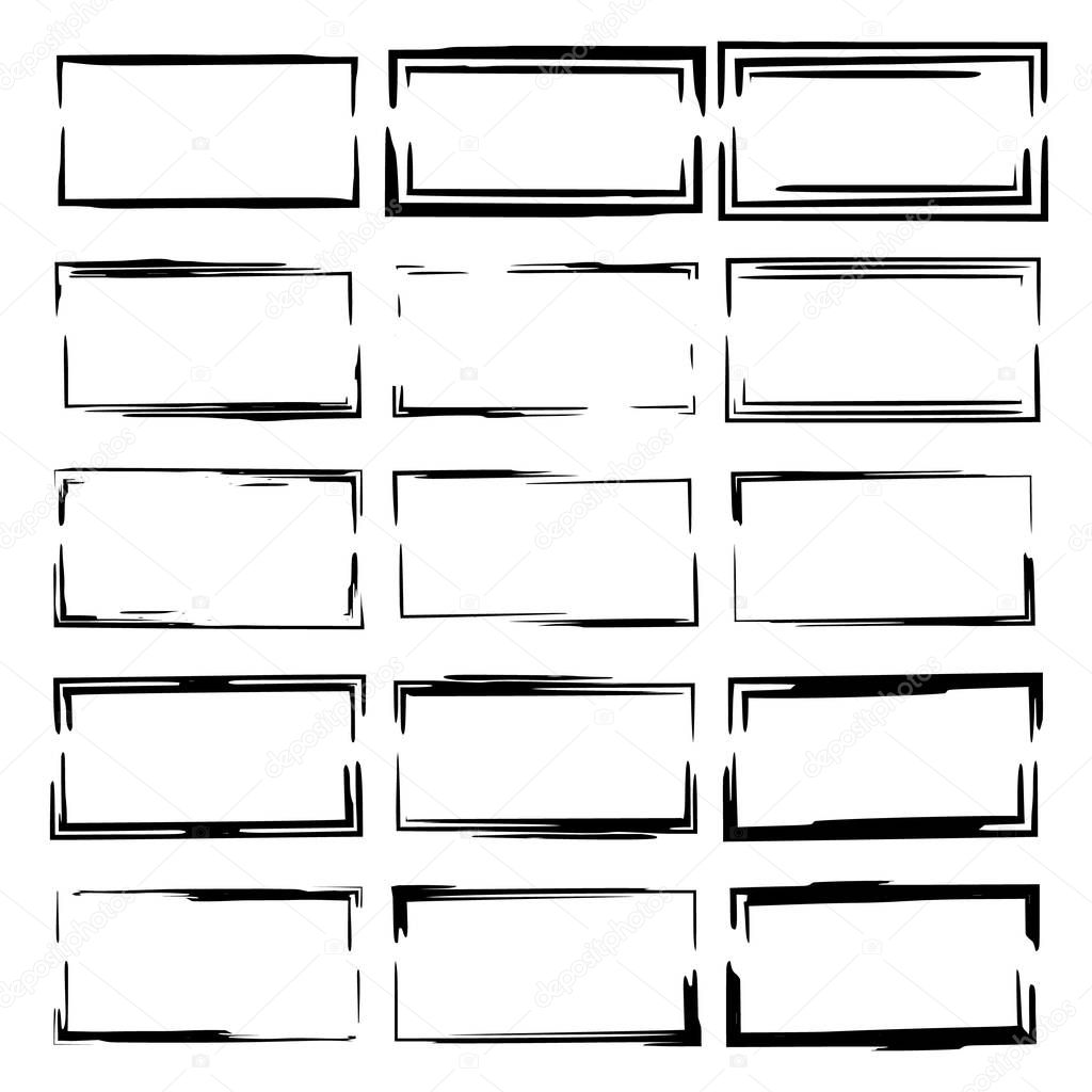 Set of black rectangle grunge frames. Square empty  borders. Vector illustration. 