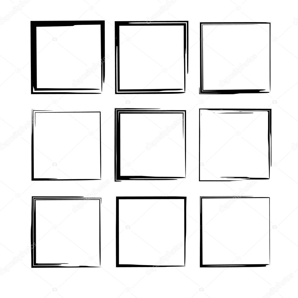 Set of black grunge frames. Collection of borders. Vector illustration. 