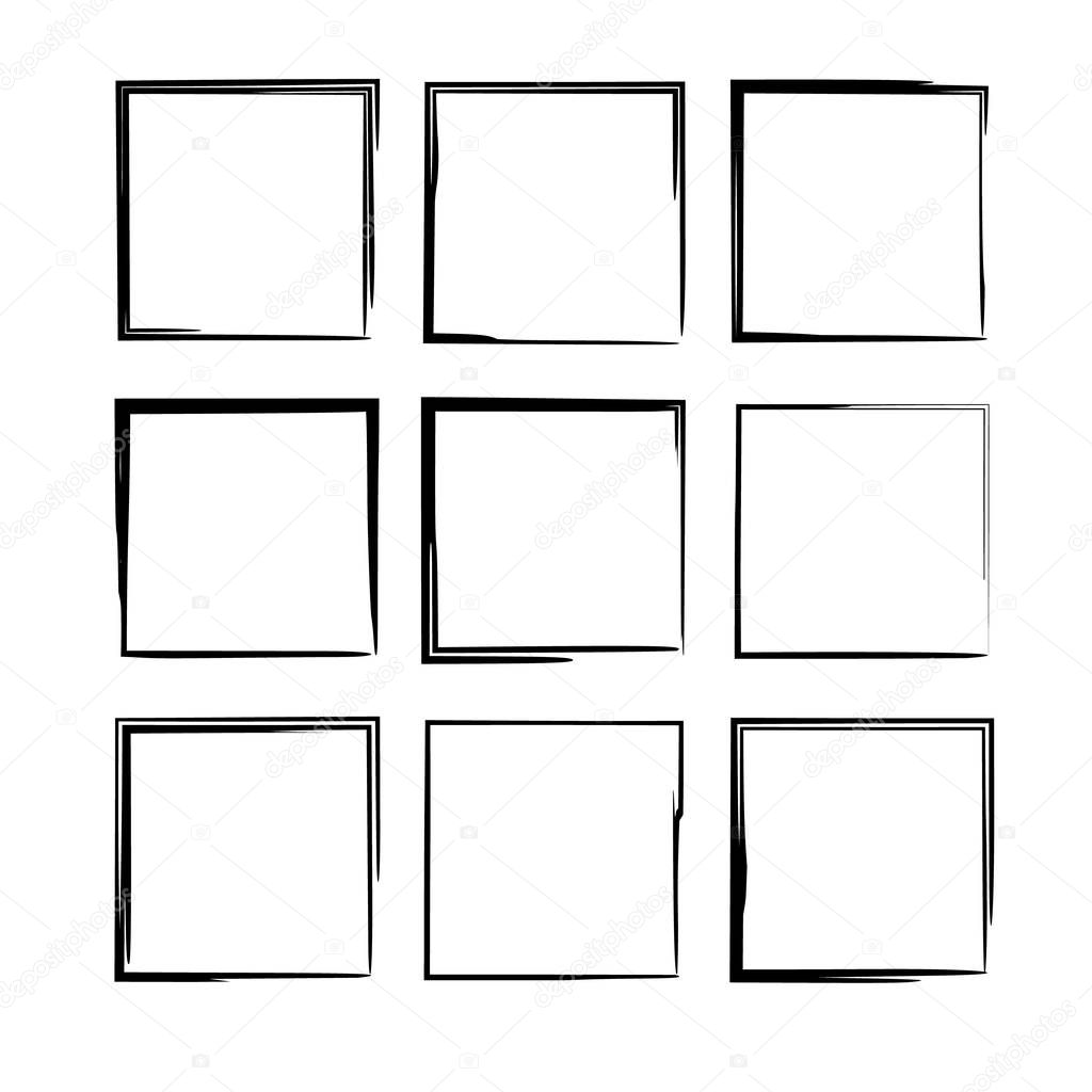 Set of black square grunge frames. Geometric rectangle borders. Vector illustration. 