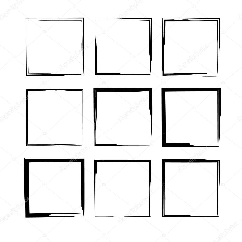 Set of black square grunge frames. Geometric rectangle empty  borders. Vector illustration. 