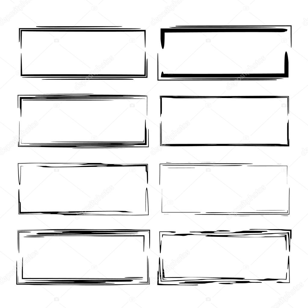 Set of black rectangle grunge frames. Geometric empty borders. Vector illustration. 