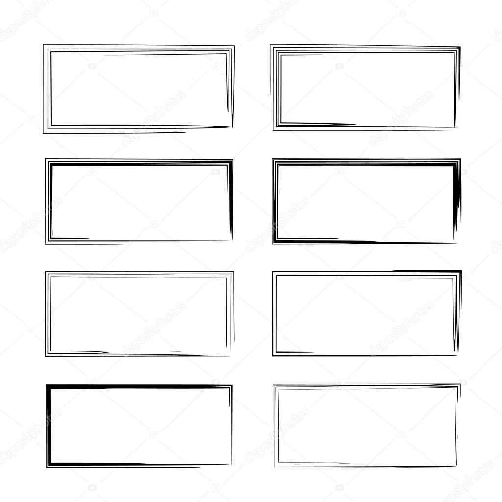 Set of black linear grunge frames. Geometric rectangle empty  borders. Vector illustration. 