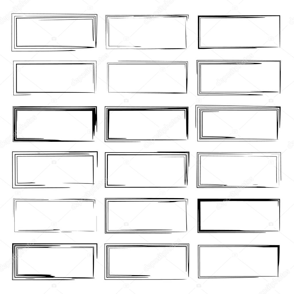 Set of black rectangle grunge frames. Geometric empty  borders. Vector illustration. 