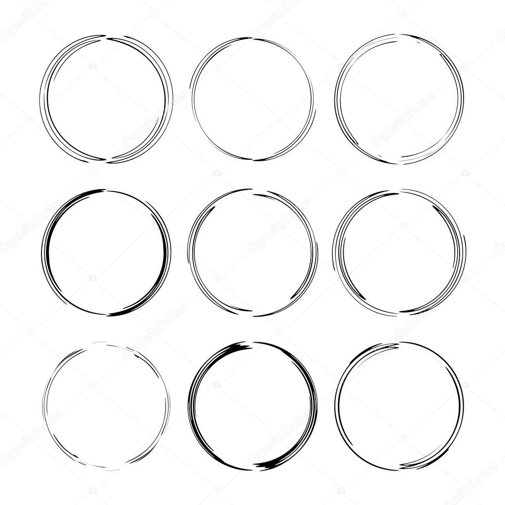 Set of black round grunge frames.  Collection of borders. Vector illustration. 