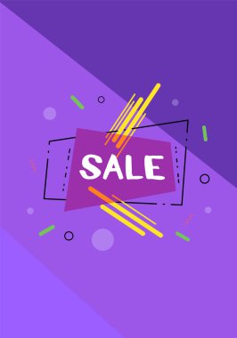 Satış afiş geometrik soyut kompozisyon ve dilimlenmiş arka plan ile. Metin ile promosyon kartı. Dikey menekşe poster tasarım reklam için. Vektör çizim.
